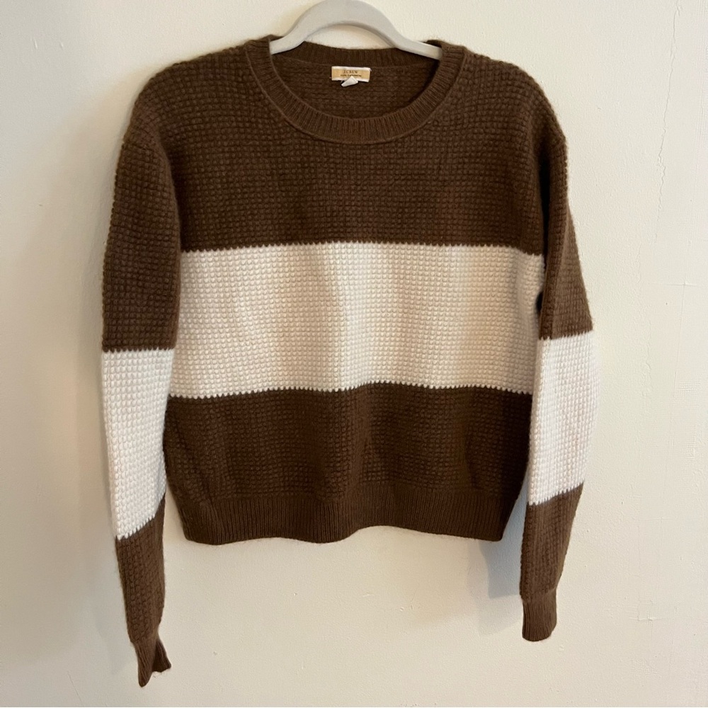 J. Crew Cashmere Colorblock Crewneck Sweater - Brown and Cream Waffleknit